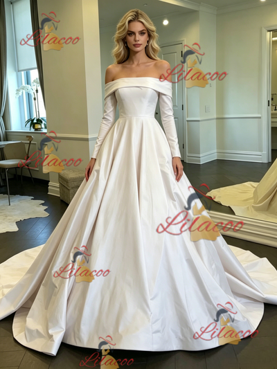 White Satin Off the Shoulder Long Sleeve Wedding Dress