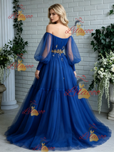 Blue Tulle Long Sleeve Pleats Prom Dress