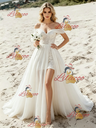 White Chiffon Lace Off the Shoulder Wedding Dress