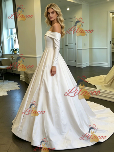White Satin Off the Shoulder Long Sleeve Wedding Dress