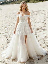 White Chiffon Lace Off the Shoulder Wedding Dress