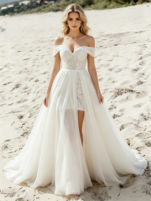 White Chiffon Lace Off the Shoulder Wedding Dress