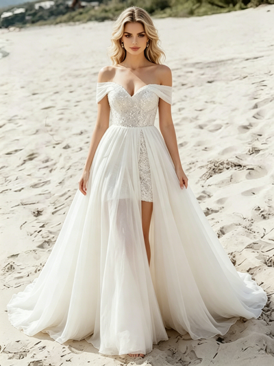 White Chiffon Lace Off the Shoulder Wedding Dress