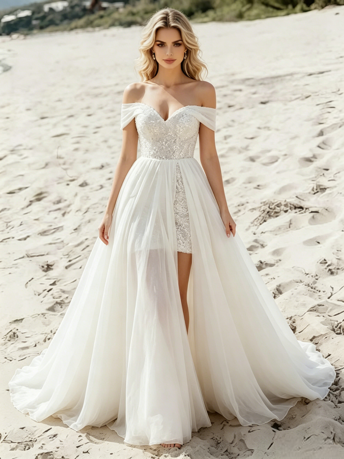 White Chiffon Lace Off the Shoulder Wedding Dress