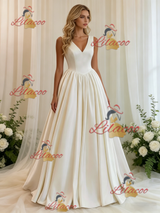 Beige White Satin V-neck Wedding Dress
