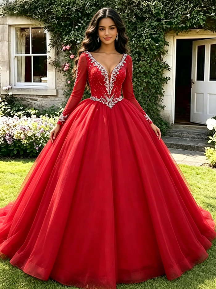 Red V-neck Long Sleeve Beading Quinceanera Dress