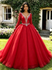 Red V-neck Long Sleeve Beading Quinceanera Dress