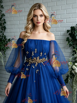 Blue Tulle Long Sleeve Pleats Prom Dress