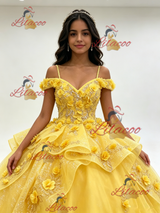 Yellow Tulle Straps 3D Flower Quinceanera Dress