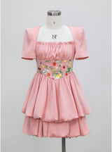 Pink Short Sleeve Pleats Embroidery Prom Dress
