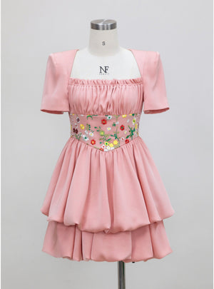 Pink Short Sleeve Pleats Embroidery Prom Dress