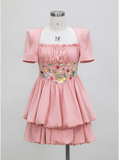 Pink Short Sleeve Pleats Embroidery Prom Dress