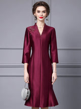 Burgundy Satin Short Sleeve Mother Of The Bride Dress