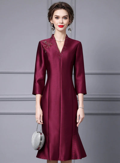 Burgundy Satin Short Sleeve Mother Of The Bride Dress