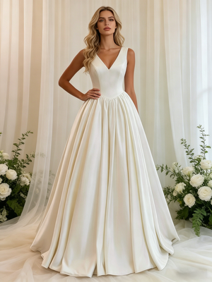 Beige White Satin V-neck Wedding Dress