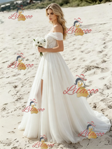 White Chiffon Lace Off the Shoulder Wedding Dress
