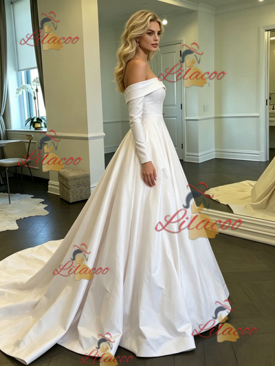 White Satin Off the Shoulder Long Sleeve Wedding Dress