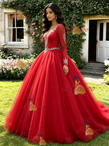 Red V-neck Long Sleeve Beading Quinceanera Dress