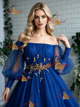 Blue Tulle Long Sleeve Pleats Prom Dress