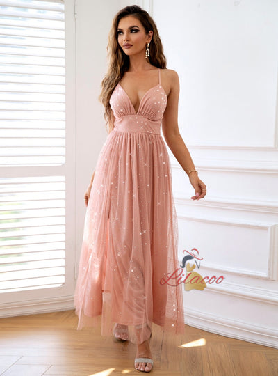 Ladies Sequined Gauze Sling Slim Dress