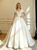 Ivory Satin Short Sleeve Beading Wedding Dress
