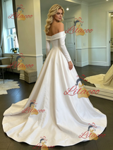 White Satin Off the Shoulder Long Sleeve Wedding Dress