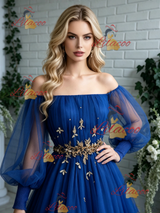 Blue Tulle Long Sleeve Pleats Prom Dress