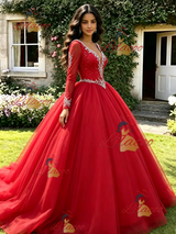 Red V-neck Long Sleeve Beading Quinceanera Dress