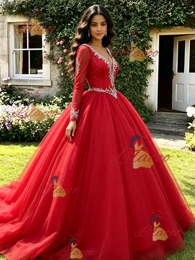 Red V-neck Long Sleeve Beading Quinceanera Dress