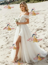 White Chiffon Lace Off the Shoulder Wedding Dress