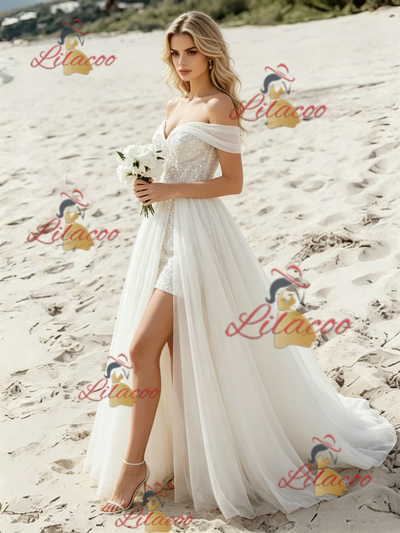 White Chiffon Lace Off the Shoulder Wedding Dress