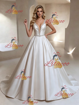 White Satin Straps Beading Wedding Dress