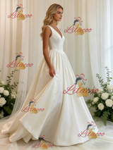 Beige White Satin V-neck Wedding Dress