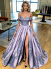 Purple Satin Spaghetti Straps Appliques Prom Dress