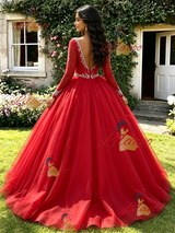 Red V-neck Long Sleeve Beading Quinceanera Dress