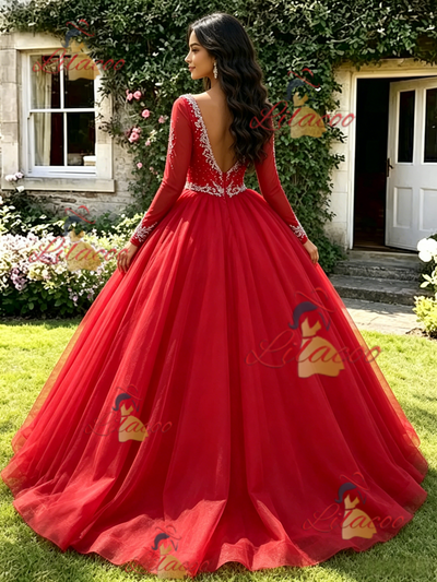 Red V-neck Long Sleeve Beading Quinceanera Dress