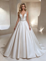 White Satin Straps Beading Wedding Dress