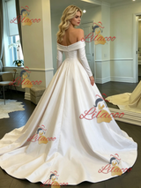 White Satin Off the Shoulder Long Sleeve Wedding Dress