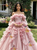 Pink Tulle Long Sleeve 3D Flower Quinceanera Dress