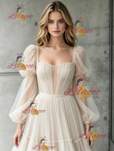 Ivory Tulle Long Sleeve Pleats Wedding Dress
