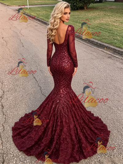 Burgundy Sequins Long Sleeve Prom Dress