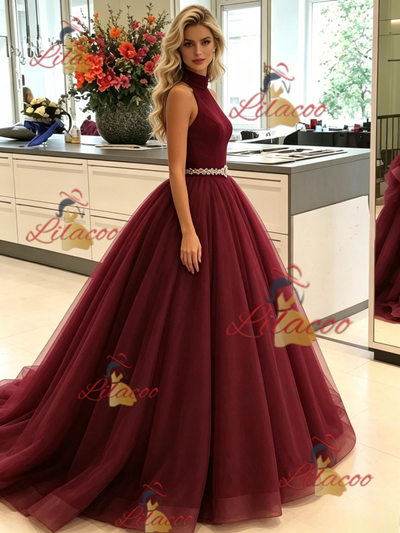 Bugundy Tuller Halter Prom Dress