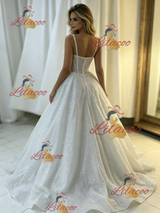 White Sequins Spaghetti Straps Wedding Dress