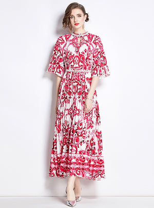 Short-sleeved Beaded Slim Gradient Print Dress