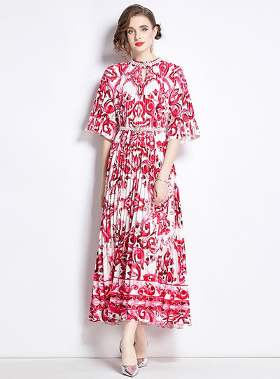 Short-sleeved Beaded Slim Gradient Print Dress