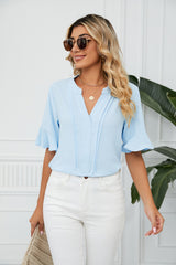 Solid Color V-neck Short-sleeved Loose Top