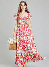 Printed V-neck Big Swing Slim A-line Dress