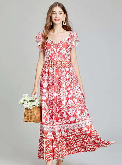 Printed V-neck Big Swing Slim A-line Dress