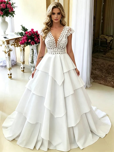 White V-neck Lace Wedding Dress