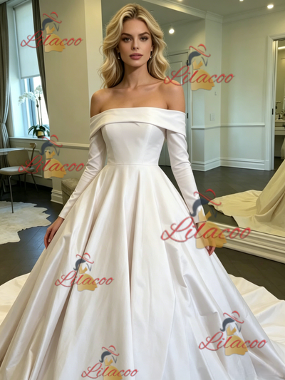 White Satin Off the Shoulder Long Sleeve Wedding Dress